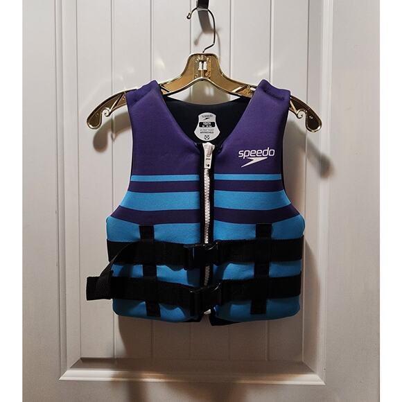Speedo Youth Life Ski Vest 50–90 lbs USCG Approved Blue Purple Striped Print - Picture 1 of 3